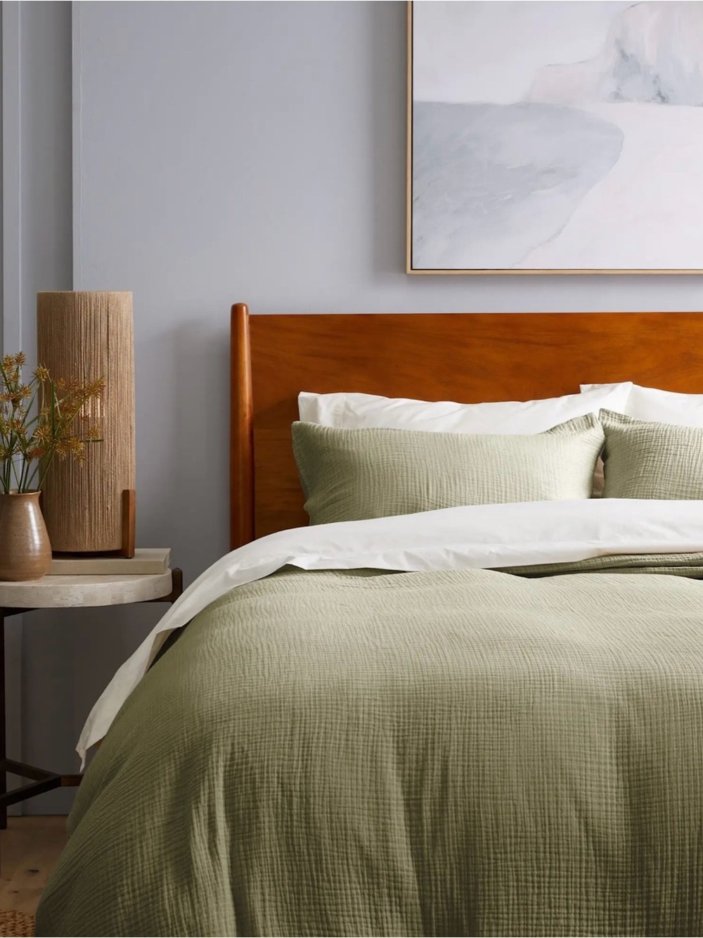 Quince Organic Cotton Gauze Duvet Cover Set King/Cali King Color: Olive - Picture 5 of 7